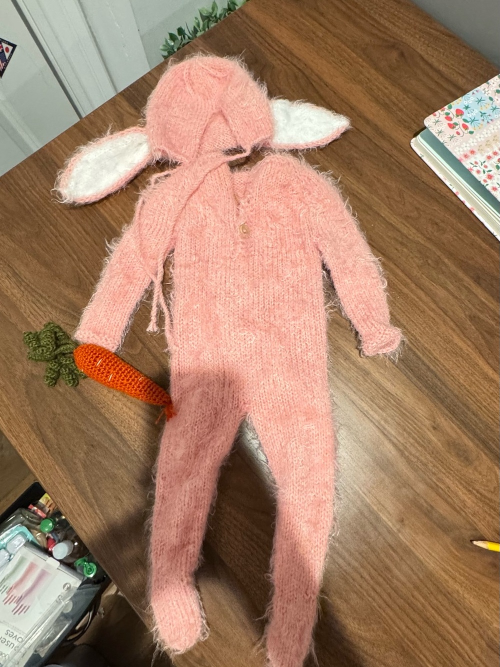 Handmade Pink Bunny Costume with Hat + crochet carrot